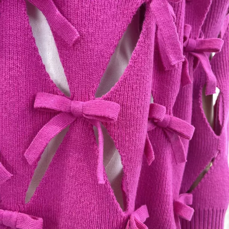 Pulôveres de lã oco para mulheres, manga comprida, suéteres com o pescoço com laço, alta qualidade solta, rosa roxa rosa vermelha, estilo luxuoso, novo para o inverno