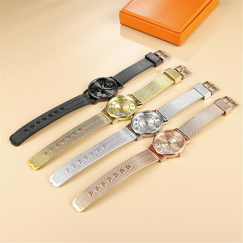 Ladies Mesh Belt Quartz Watches All-Match Creative Fashion Heart Watch For Gift Daily Casual Date Matching Wristwatches