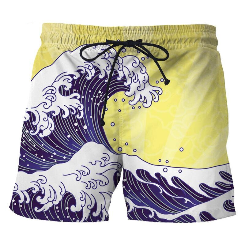 Celana pendek pantai gaya Jepang pria, pakaian olahraga luar ruangan cepat kering cetak 3d gelombang laut