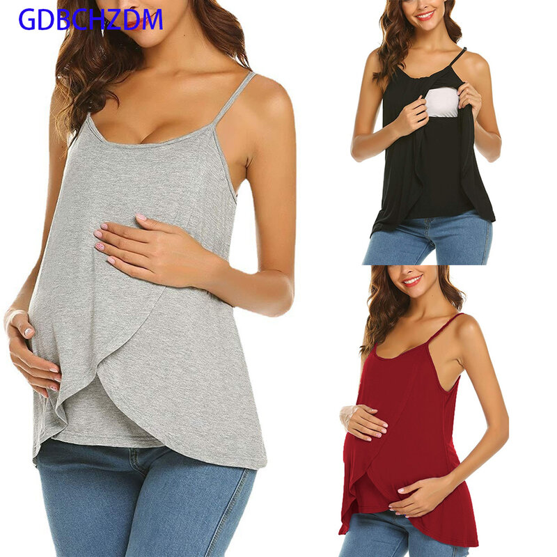Camiseta de enfermagem para mulheres grávidas, blusa de maternidade, sem mangas, blusa dupla camada, verão, novo, 2024