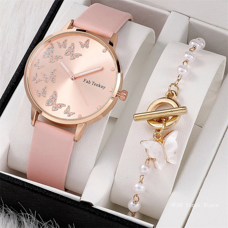 Relógio feminino casual cinto de couro, relógios de pulso de quartzo simples com mostrador redondo feminino, moda relógio, 2 peças por conjunto