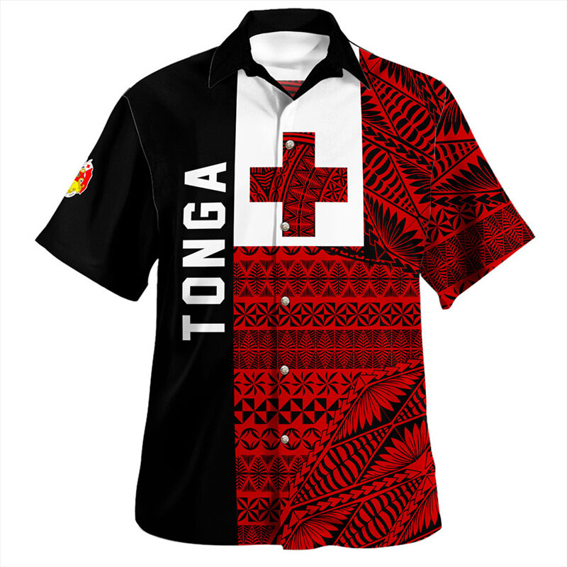 Kemeja bendera nasional Motif 3D Kerajaan Tonga pria Tonga lambang mantel lengan pendek grafis pakaian kemeja Harajuku