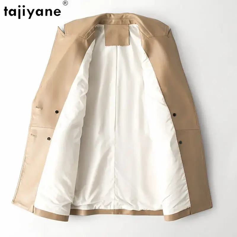 Tajiyane-Veste en cuir véritable pour femme, manteau en peau de mouton véritable, mi-long, élégant, vêtements d'extérieur minces, à lacets, haute qualité