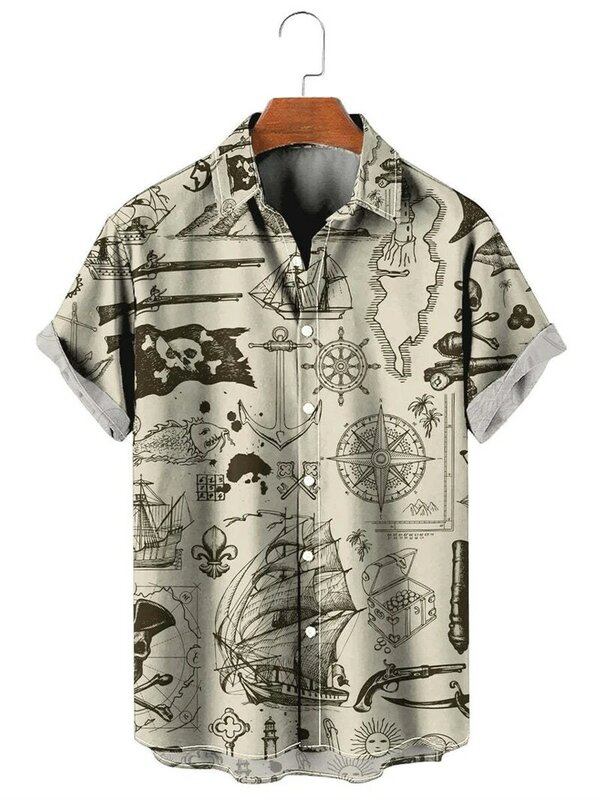 Koszula Vintage dla mężczyzn 3d nadruk nawigacyjny z krótkim rękawem koszula męska guziki z klapą męska odzież na co dzień modny Top koszulka Oversized
