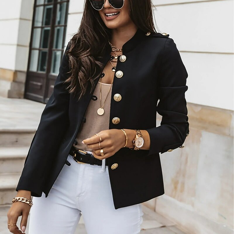 Fato casual feminino slim fit com gola comprida, jaqueta monocromática, terno de negócio, casaco curto na moda do escritório, tops de botão