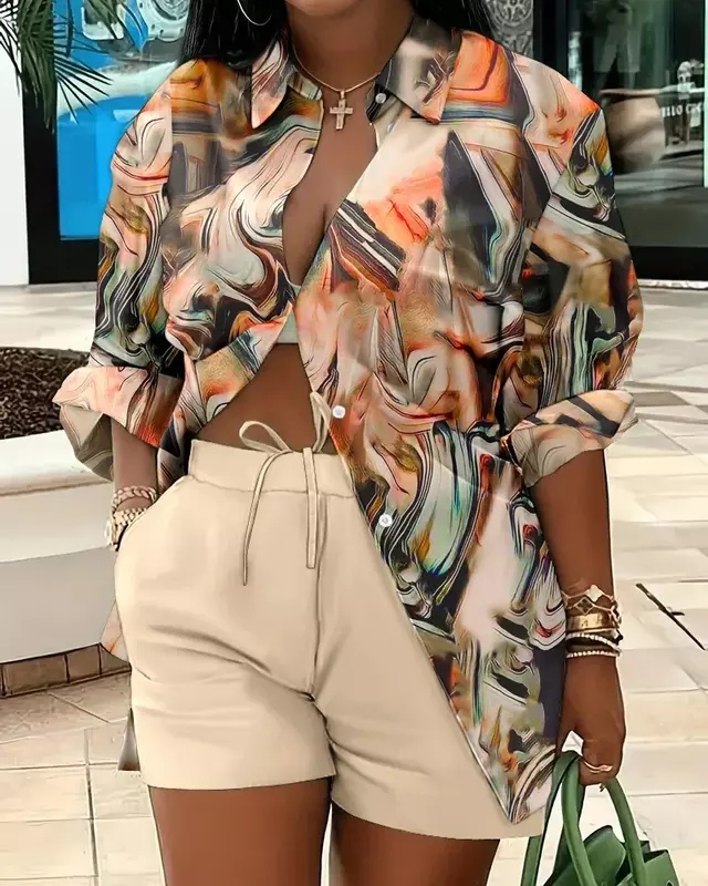 2023 Printed Temperament Commuting Blouse Two Piece Set Button Lapel Long Sleeve Shirt Outfits Women Casual Loose Shorts Suit