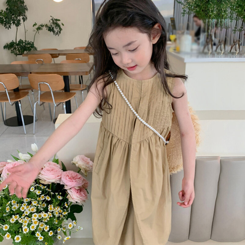 Gaun pesta anak perempuan, gaun pesta putri manis musim panas gaya Korea desain lipit ramah kulit gaun panjang selutut