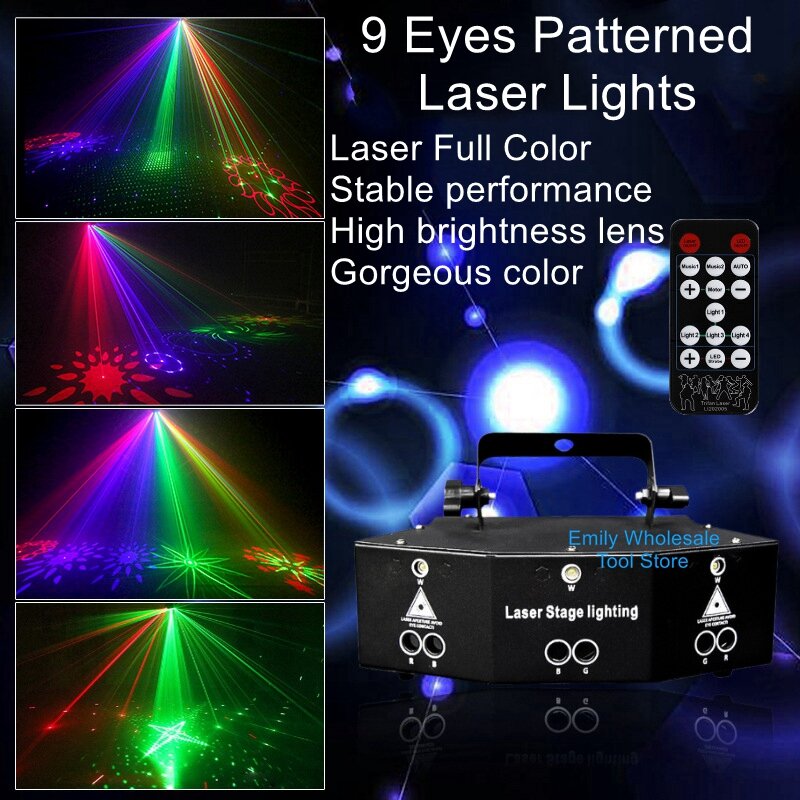 Laser sembilan mata lampu laser lampu panggung bar ktv flash berputar warna-warni bungee Bintang Natal suasana lampu
