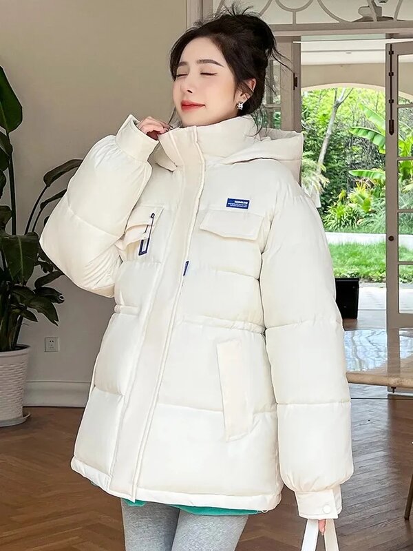 Casaco de neve casual feminino, parkas quentes, casaco grosso de algodão acolchoado, outwear com capuz, jaqueta de inverno feminina, novo, 2023