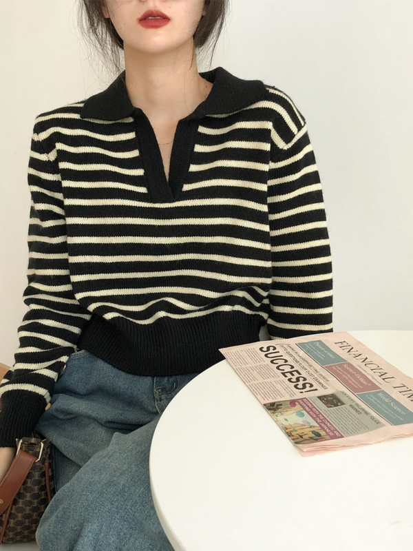 Korean Crop Striped Sweater Women Harajuku Style Casual Oversize Polo Collar Pullover Knitted Jumper Basic Chic Fashion