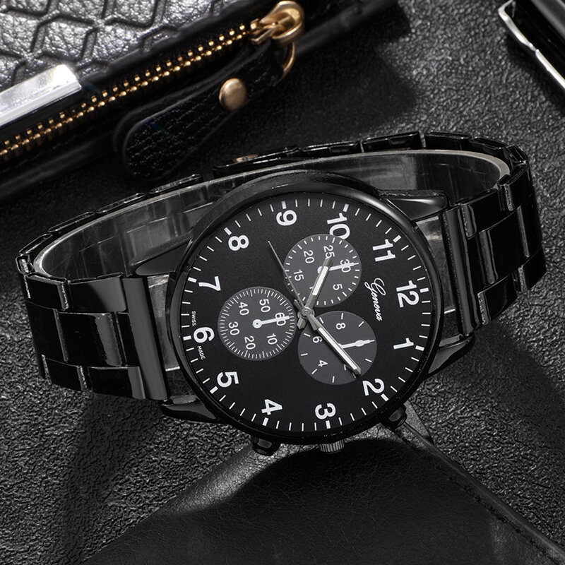 3 Stück Set Mode Herren Business Uhren Männer lässig schwarz Armband Halskette Edelstahl Quarz Armbanduhr Relogio Masculino
