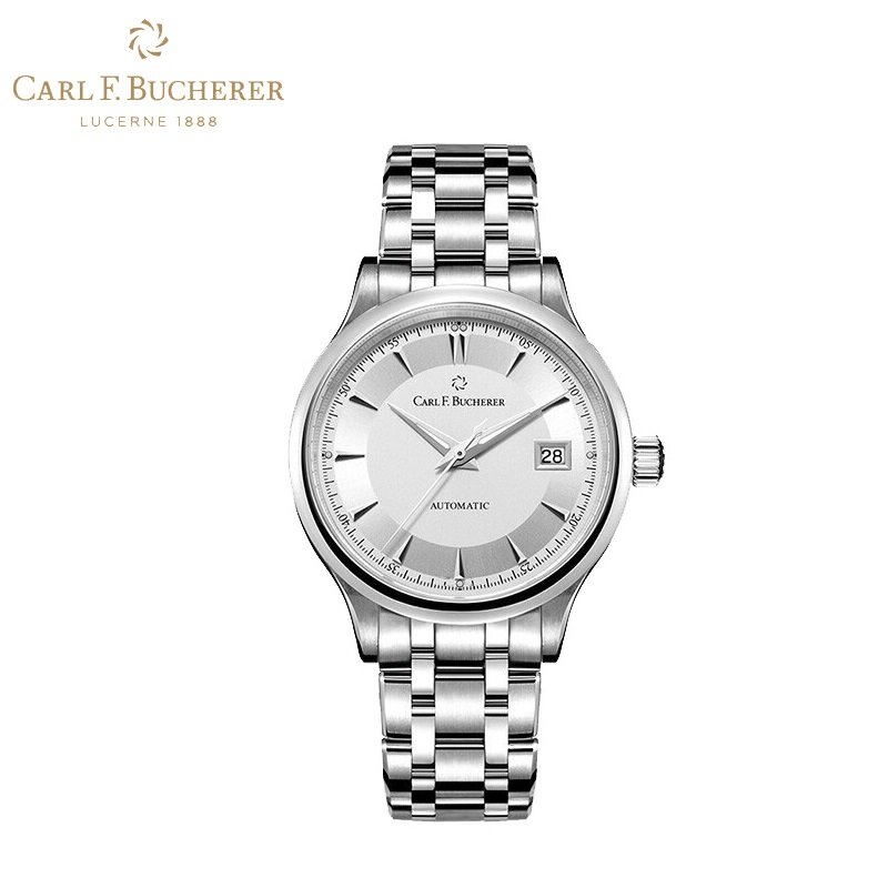 Carl f. Bugarer-メンズスチールウォッチ,カレンダー付き自動巻き時計,白いダイヤル,サファイアクリスタル,スチール