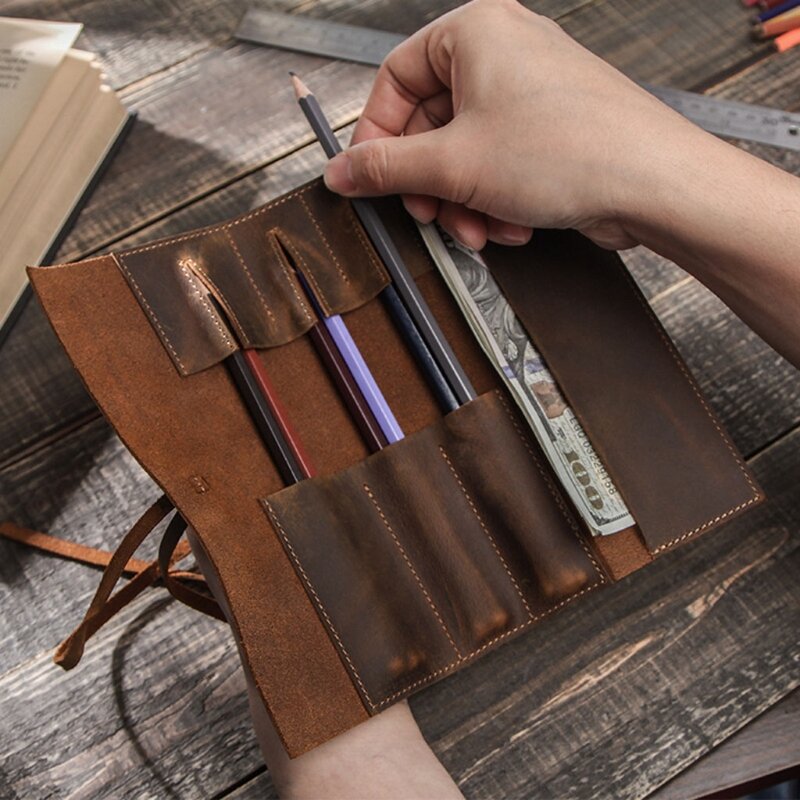 ดินสอย้อนยุคสำหรับเคสแฮนด์เมดหนังแท้ม้วนขึ้นปากกาผ้าม่านกระเป๋ากระเป๋าใส่เครื่องเขียนอุปกรณ์การเรียน