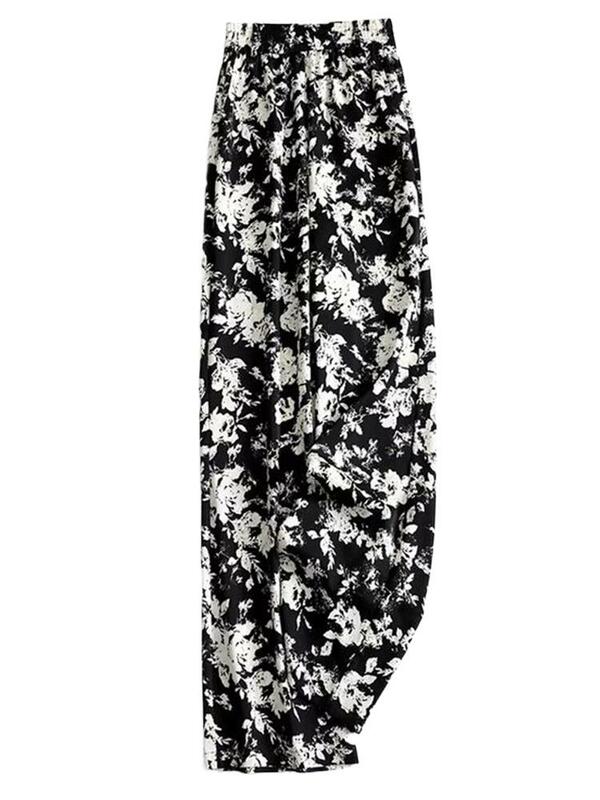 Calças impressas preto e branco do chiffon para mulheres, cintura ocasional, respirável, elástica, forma, rua, novo, verão