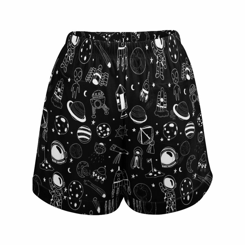 Shorts casuais de grandes dimensões com estampa celeste feminina, calça curta esportiva de cintura alta, fundo de bolso personalizado, preto e branco