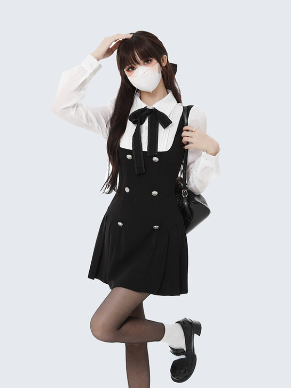 Vestido corto de dos vestidos falsos para mujer, minivestido informal ajustado de manga larga con lazo Y2k, moda coreana elegante para fiesta, Otoño, 2022