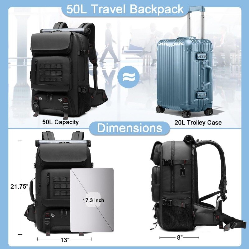 17 Cal plecak na laptopa z przegrodą na buty i Port ładowania USB, 50L zatwierdzony przez linie lotnicze Trekking, turystyka piesza, plecak kempingowy