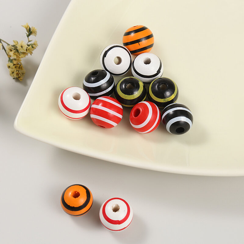 Mini perles en bois rondes à rayures colorées, 12 pièces, 12mm, 16mm, bricolage, fête, décoration de la maison, jouets amusants pour enfants, cadeau