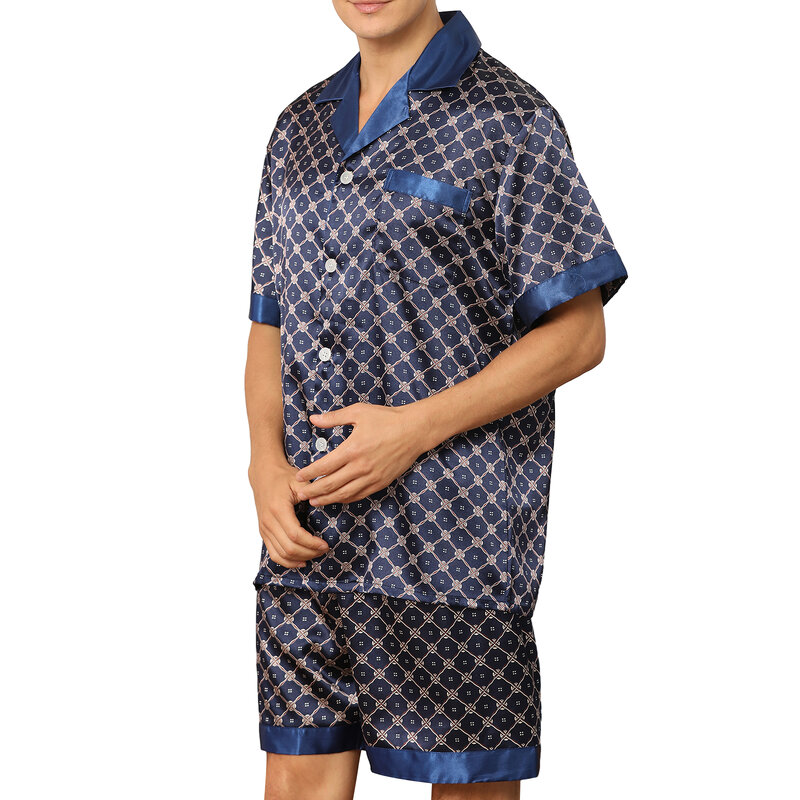 Conjunto de pijama cetim de seda masculino, camisa de manga curta, top e shorts, pijama clássico de botão, loungewear