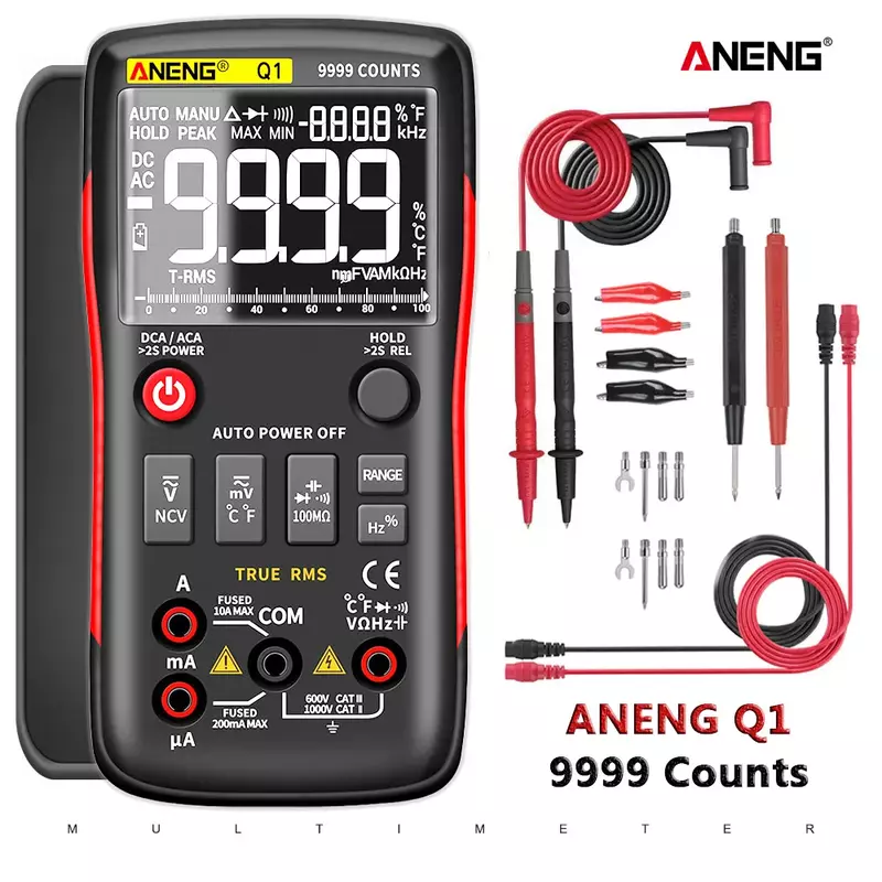 ANENG-Multimétro Q1 digital 9999, probador analógico auténtico, RMS, profesional, bricolaje, transistor, condensador, NCV, medidor lcr
