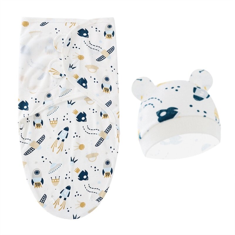 Swaddling Blanket for Baby Newborn Turban Hat Adjustable Wrap Blanket for Infant 0-6M Gender Neutral Newborns Essential