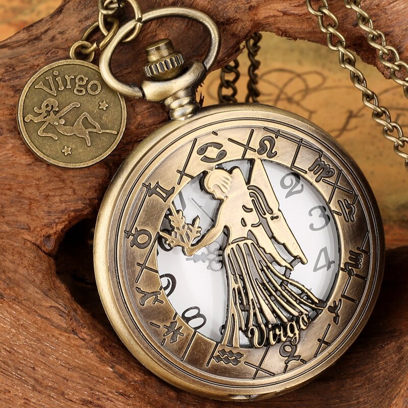 Reloj de bolsillo de cuarzo con colgante de collar Virgo para hombres y mujeres, cadena FOB, regalos de cumpleaños, 12 Constelaciones