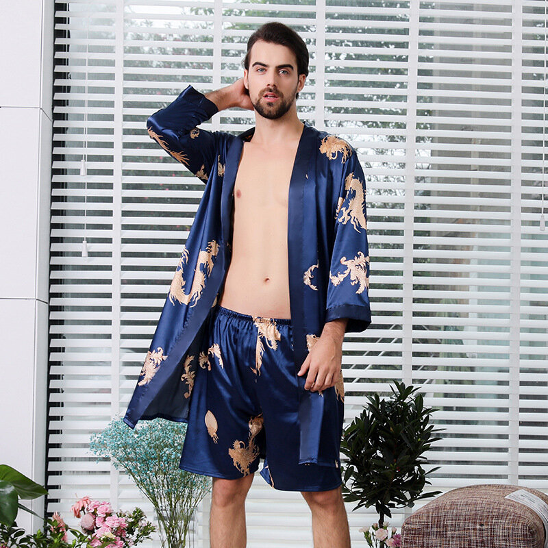 Plus Size Paar Nachtkleding 2 Stuks Gewaad Set Print Satijn Kimono Badjas Dames Slip Nachtjapon Heren Losse Homewear Lounge Kleding