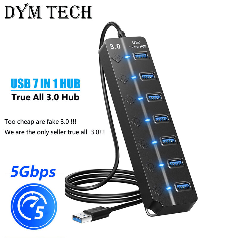 USB Hub 3.0 Multiprise USB High Speed Splitter 7 Port 5Gbps Hub Power Adapter with Switch Long Cable with Multiple Expander Hub