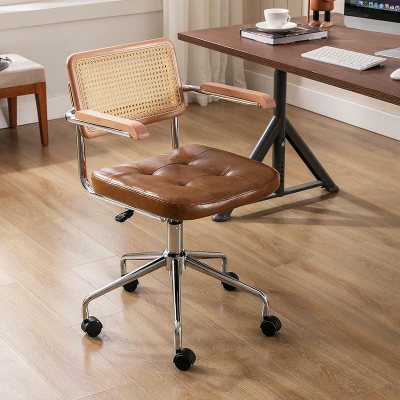 Стол из ротанга 2024, современный поворотный офисный стул среднего века на колесиках с металлическими ножками из искусственной кожи,