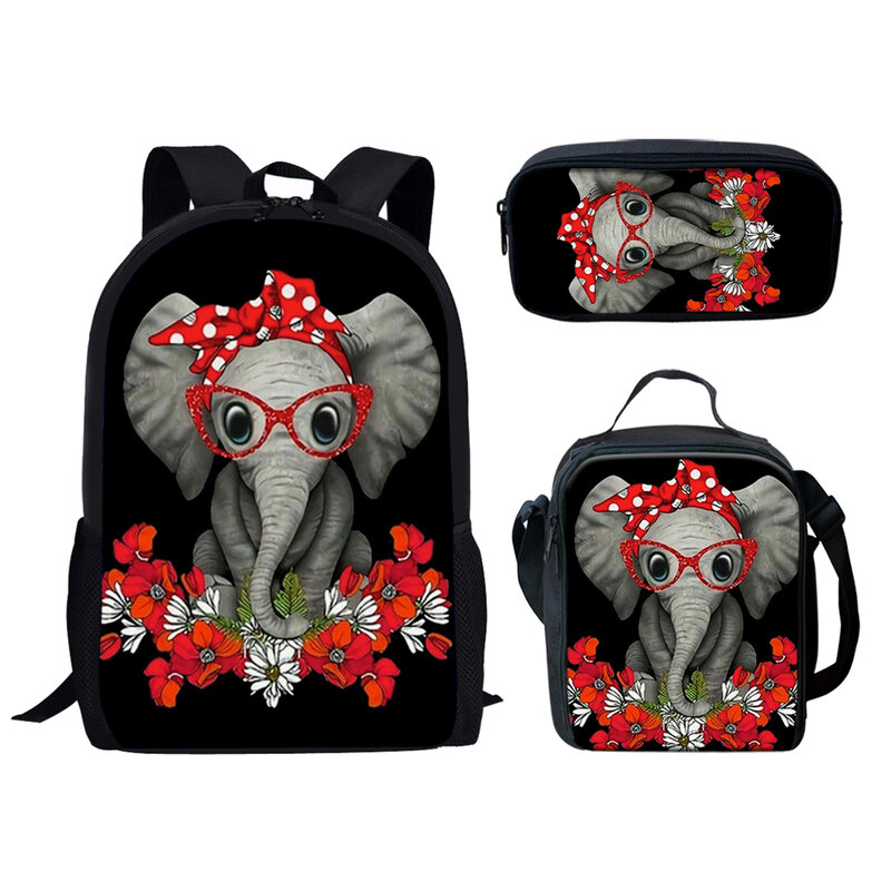 Mochila con estampado 3D de elefante de Animal divertido, mochilas escolares para pupilas, mochila para portátil, lonchera, estuche para lápices, novedad creativa clásica, 3 uds./Set