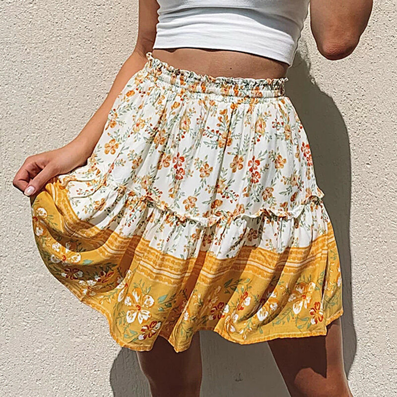 Rok musim panas wanita kasual Vintage pinggang tinggi motif bunga rok baju renang pendek kerut pantai mode 2024 laris