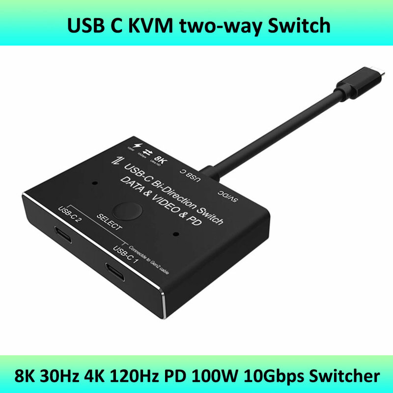Pcモニター用kvmデータビデオスイッチャー、携帯電話マルチソース、双方向スプリッター、USB c、2x1、USB 3.1、8k @ 30hz pd、100w