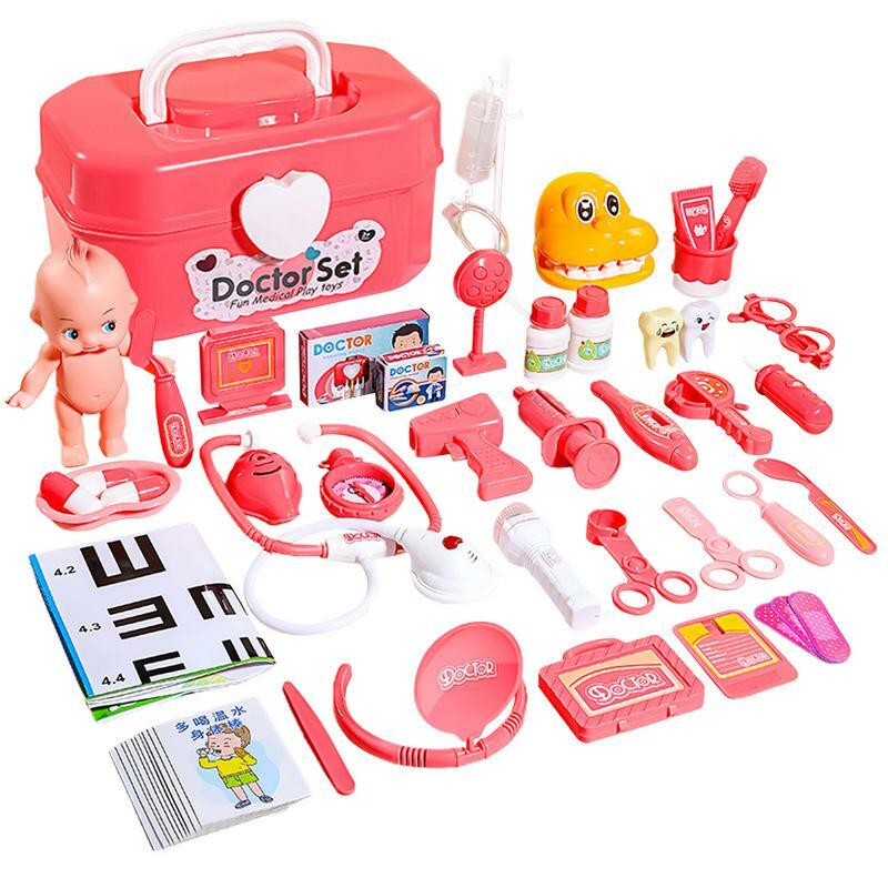 Set dokter untuk anak-anak mainan pura-pura stetoskop dan kotak penyimpanan 52Pcs berdandan mainan medis Kit natal hadiah ulang tahun perlengkapan