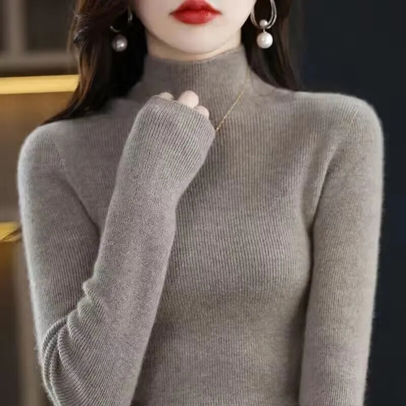 Suéter de gola alta manga comprida feminino, pulôver fino, tops elásticos, simples, básico, salto barato, monocromático, malhas, coreano, outono, 2023