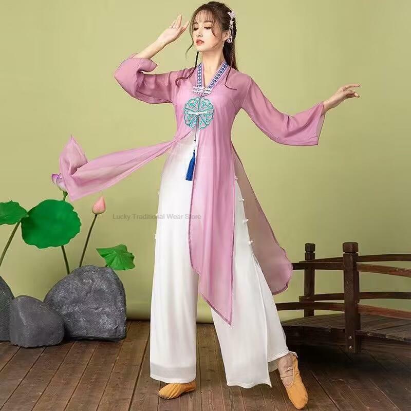 Chinese Traditional Women Chiffon Hanfu Dress Floral Elegant Folk Dance Costume Stage Performance Dress Chinese Folk Dance Dress