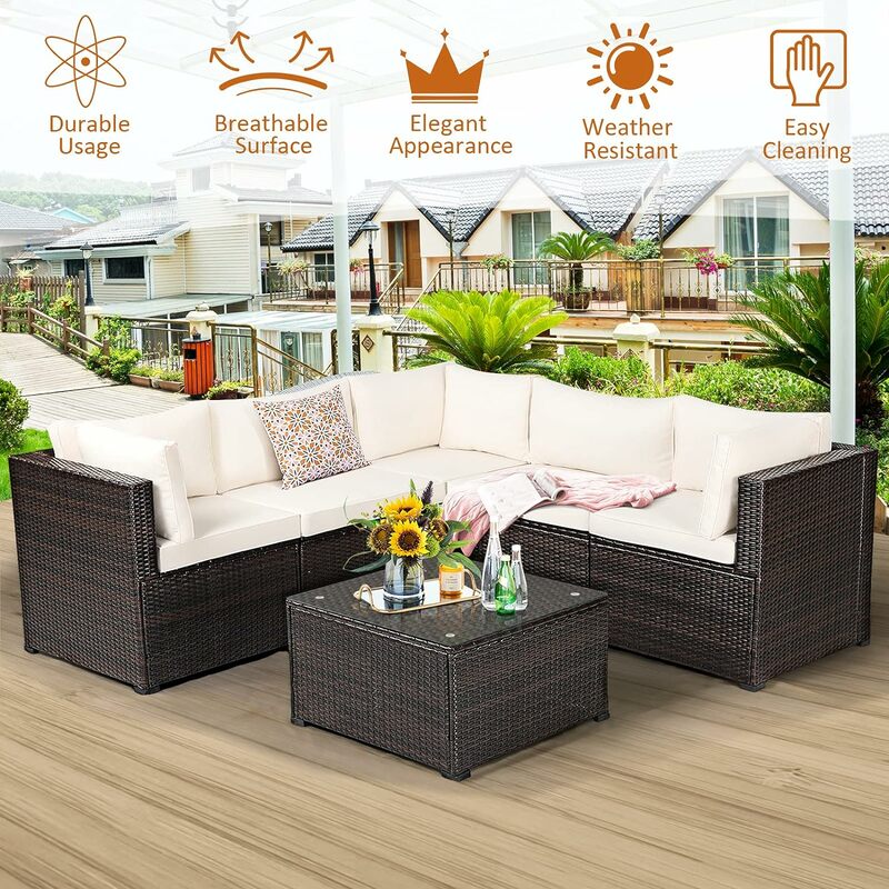 6 Pieces Patio Furniture Set, Outdoor Rattan Sofa Set, Wicker Set w/Tempered Glass Coffee Table & Cushions, Sectional Sofa Set