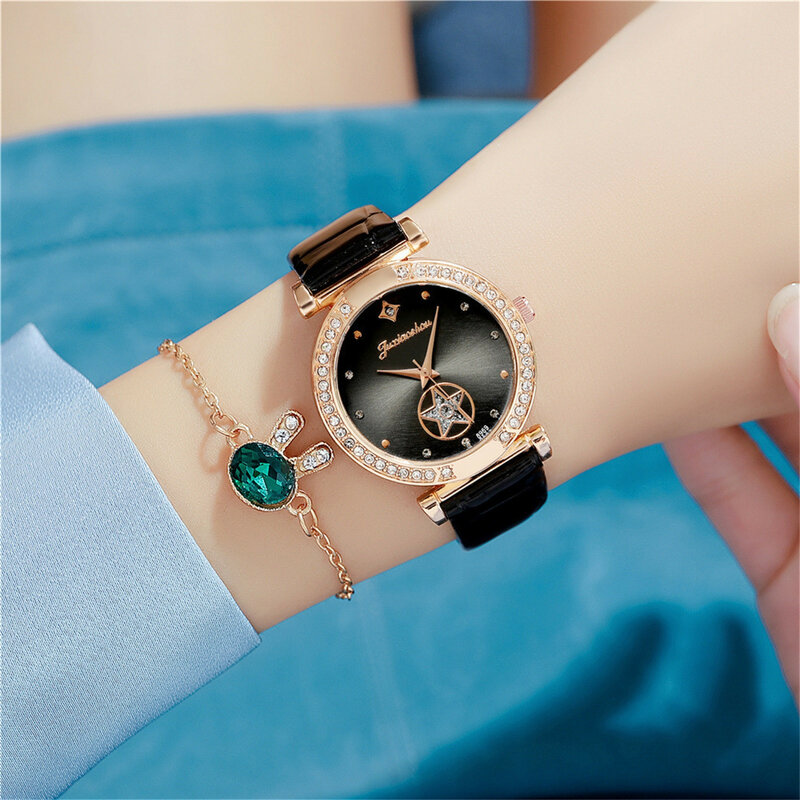 Elegant Temperament Women'S Watch Fashion Luxury Quartz Watch For Women Round Star Diamond Inlaid Dial Watch For Ladies