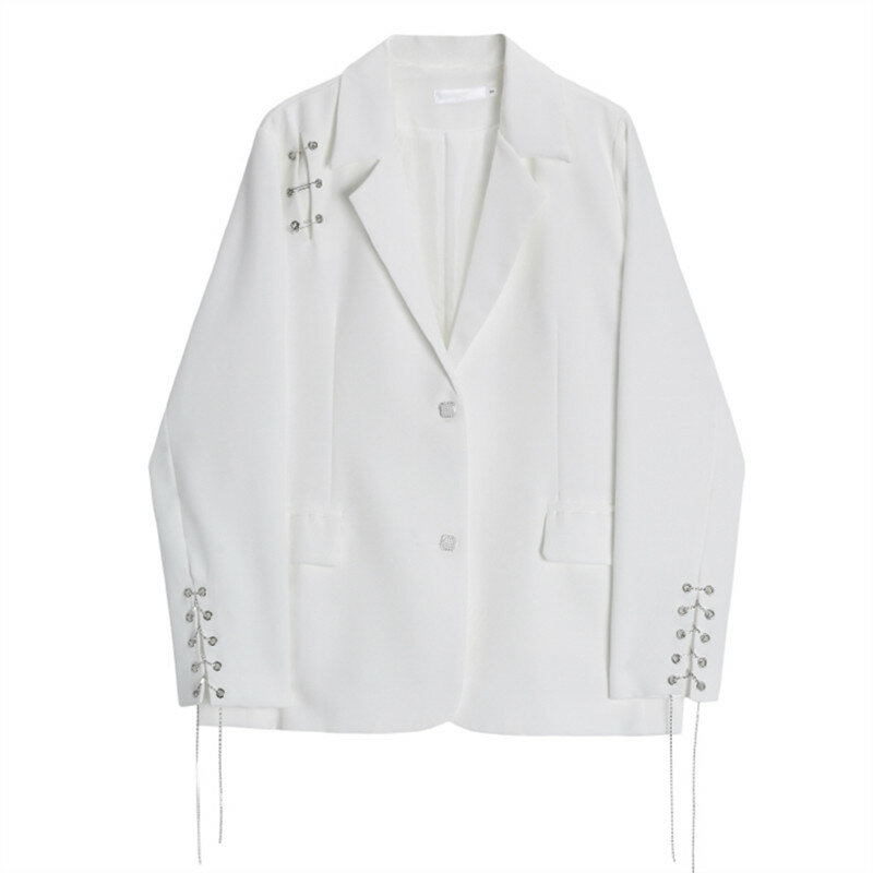 Veste Blazer blanche de styliste pour femmes, veste de costume à simple boutonnage décoré avec une chaîne, manteau ample Chic d'automne pour femmes