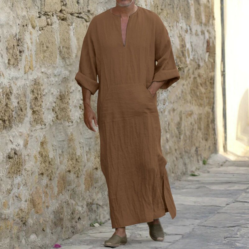 Mens Casual Loose Muslim Robes Shirts Fashion Solid Half Sleeve Abaya Kaftan With Pockets Middle East Islamic Arab Dubai Clothe