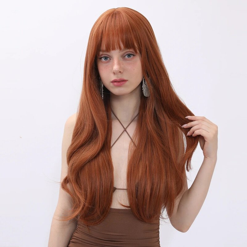 Long Curly Synthetic Wave Wigs For Women Natural Wavy Orange Gold Wigs With Flat Bangs Colorful Daily Party Heat Resistant Wig