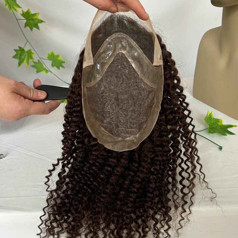 Toupet de cheveux humains bouclés crépus marron foncé pour hommes, postiche de 12 "de long, mono dentelle avec PU, perruques pour hommes, postiche, 10x8"