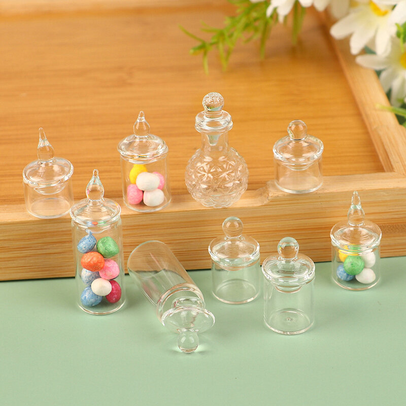 Antike Puppenhaus Miniatur Klarglas Glas Candy Bean Aufbewahrung flasche winziges Glas mit Deckel Küche Dekor Spielzeug Puppenhaus Zubehör