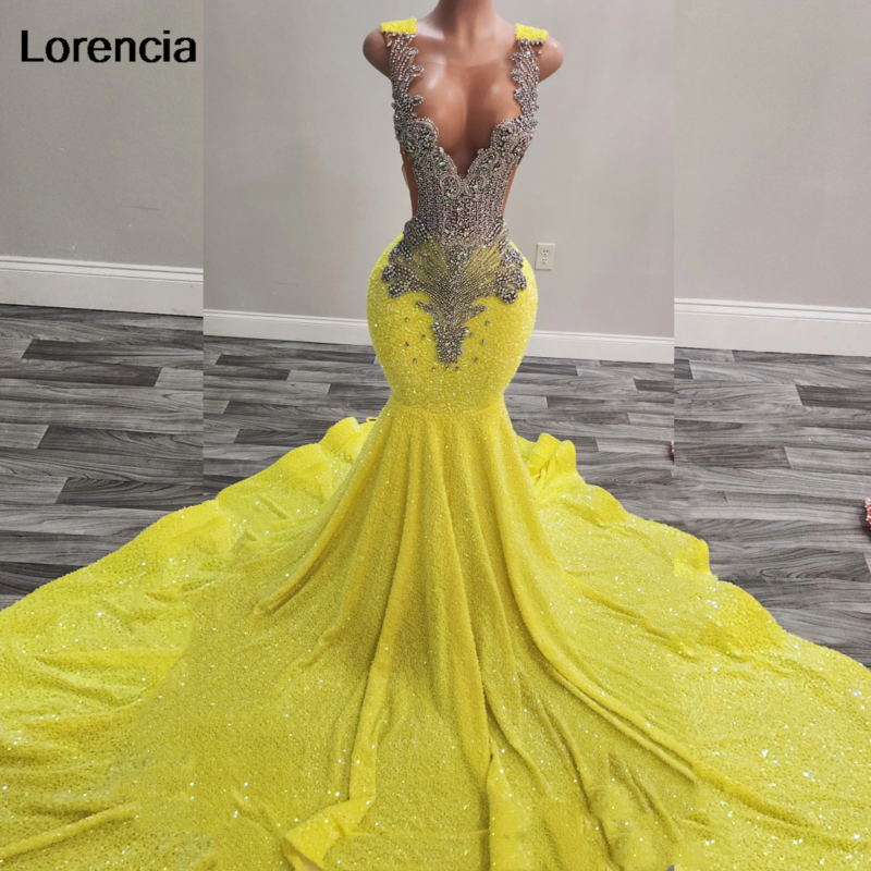 Lorencia Luksusowa żółta cekinowa sukienka syrenka na studniówkę dla Blackgirls Silver Daimonds Beaded Party Gala Gown Vestidos De Festa YPD118