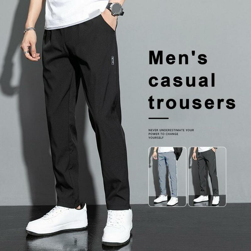 Celana panjang pria, celana lurus tipis pinggang sedang elastis kasual cepat kering longgar warna Solid celana panjang pria
