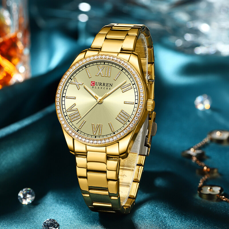CURREN nowe luksusowe damskie zegarki na rękę z paskiem z Rhinestone Dial eleganckie świecące ręce zegarki ze stali nierdzewnej