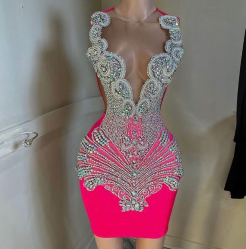 Robe de Cocktail Africaine Rose Transparente pour Femme, Tenue de Luxe Sexy, avec Diamant, pour ixd'Anniversaire, Forme Courte, Noire, pour Bal de Promo, Zones Ecoming