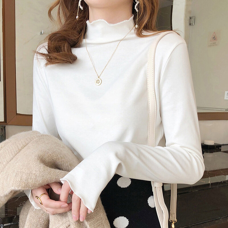Autumn and Winter Underlay Shirt Women's Wooden Ear Edge Half High Collar Long Sleeve Solid Color Slim Fit and Warm Velvet Top