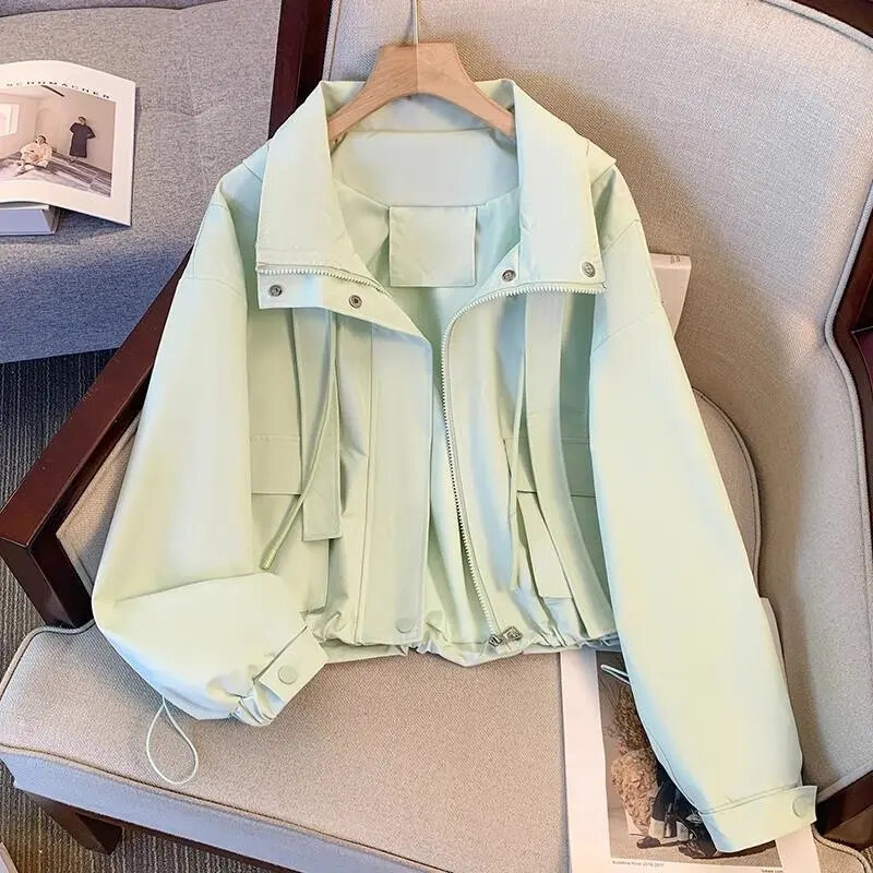2024 wiosna nowe krótkie kurtki Cargo z kapturem dla kobiet moda luźna odzież wierzchnia ze sznurkiem Chaquetas Casual wiatroszczelne płaszcze