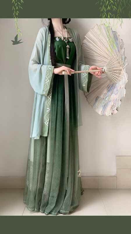 Yingchunjian Hanfu สายคล้องกระโปรงมีจีบเพลงของผู้หญิงดั้งเดิมสไตล์ประจำชาติจีนทุกวันฤดูใบไม้ผลิและฤดูร้อน