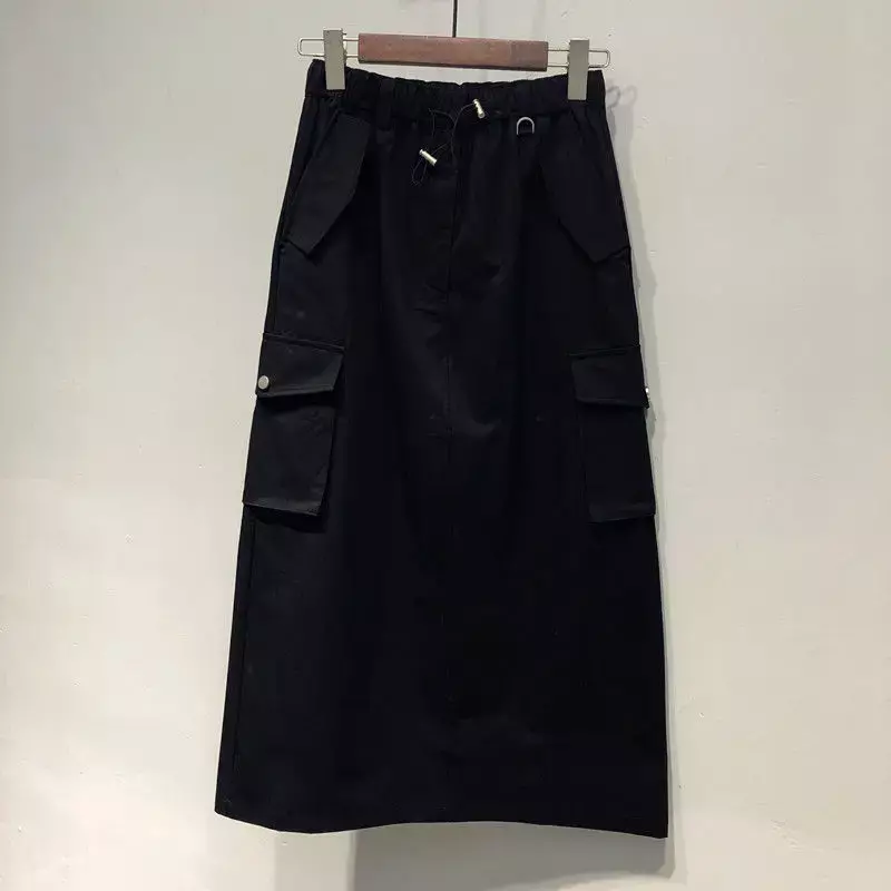 Neue Cargo röcke für Frauen y2k lange Röcke elastische Taille Frühling Sommer Kordel zug Mädchen in voller Länge Rock schwarz